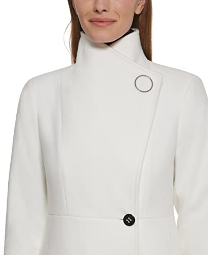 Women's Ring Snap Detail Asymmetrical Closure Stand Collar Welt Pockets Coat