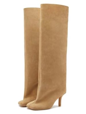 31ZrLgWTaqL.jpg Women's Knee High Boots Nude Suede Wide Calf Stiletto Long Boots Pull On High Heel Riding Boots Fahion Dress Fall Tall Boots