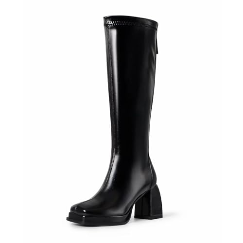 Fashion Knee High Boots Women Chunky Heel Square Toe Tall Boots for Women High Heel Black Side Zipper Long Boots