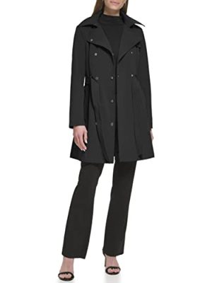 Women's Double Breasted Belted Rain Jacket with Removable Hood