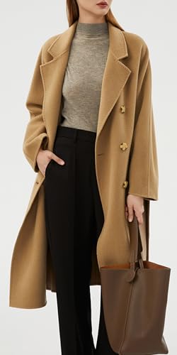 100 Wool Double-faced Women Wool Blend Coat Double-breasted Casual Cashmere Coat Belted Trench Jacket with Pockets