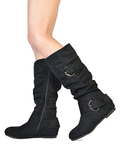 Women's Wide Calf Knee High Boots, Fur-lined Low Hidden Wedge Boots