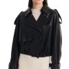 Womens Short Crop Trench Coat - Double Breasted Notched Lapel Stylish Fashion Spring Cropped Jacket for Women