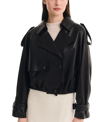 Womens Short Crop Trench Coat - Double Breasted Notched Lapel Stylish Fashion Spring Cropped Jacket for Women