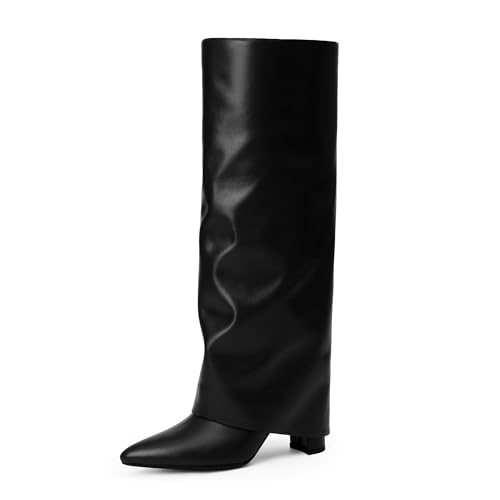 31ex56q27DL.jpg Knee High Boots Women Fold Over Knee High Boots Chunky High Heels Long Boots Zipper Pointed Toe Dress Tall Boots for Women