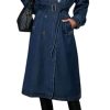Women Vintage Double Breasted Mid Long Denim Jacket Jean Trench Coat Duster Blazer Jacket Windbreaker Belt