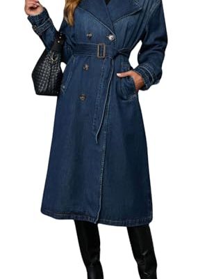 31g35SQnl8L.jpg Women Vintage Double Breasted Mid Long Denim Jacket Jean Trench Coat Duster Blazer Jacket Windbreaker Belt