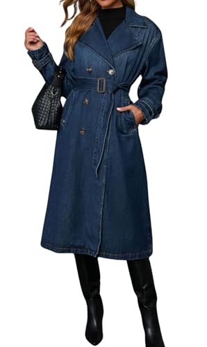 Women Vintage Double Breasted Mid Long Denim Jacket Jean Trench Coat Duster Blazer Jacket Windbreaker Belt