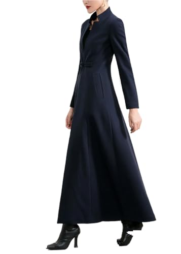 Women's Woolen Blend Ankle Length Long Trench Coat Stand Collar Outwear Overcoat