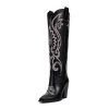 Womens Cowboy Knee High Boots Cowgirl Boots Western Boots with Embroidered Pointed Toe Chunky Heel Slip on Retro Tall Boots