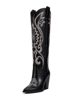 Womens Cowboy Knee High Boots Cowgirl Boots Western Boots with Embroidered Pointed Toe Chunky Heel Slip on Retro Tall Boots