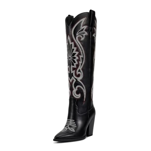 Womens Cowboy Knee High Boots Cowgirl Boots Western Boots with Embroidered Pointed Toe Chunky Heel Slip on Retro Tall Boots