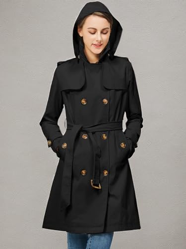 31jJZtfYL.jpg Women's Trench Coat Double Breasted Classic Lapel Overcoat Belted Jacket with Detachable Hood