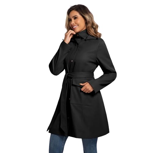 31kIin-FVbL.jpg Womens Trench Coat Waterproof Rain Jacket Rain-blocking Brim Detachable Hood Raincoat with Belt Outdoor Travel