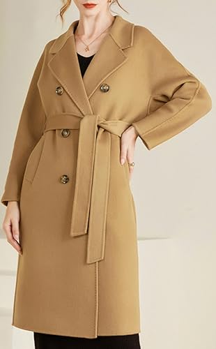 100 Wool Double-faced Women Wool Blend Coat Double-breasted Casual Cashmere Coat Belted Trench Jacket with Pockets