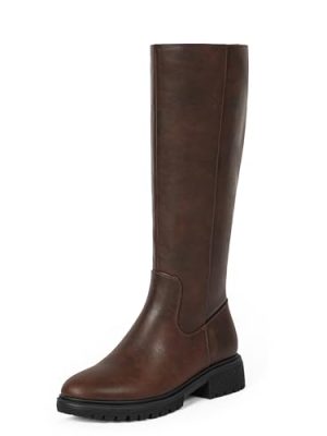 Knee High Boots for Women Round Toe Women's Fashion Tall Riding Boots Chunky Platform Long Flat Boot with Side Zipper Low Heel
