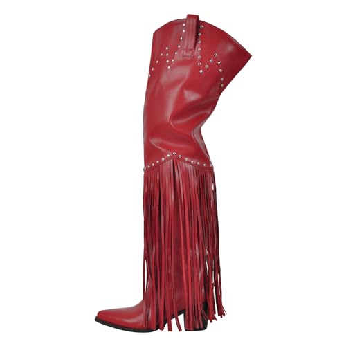 Fringe Thigh High Boots with Tassels Wide Calf Over Knee Western Cowboy Boots