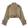 Womens Cropped Bike Jacket Casual Double Breasted Trench Coat with Belt