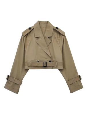 31n7zrNbeDL.jpg Womens Cropped Bike Jacket Casual Double Breasted Trench Coat with Belt