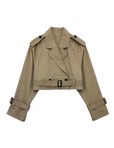 Womens Cropped Bike Jacket Casual Double Breasted Trench Coat with Belt