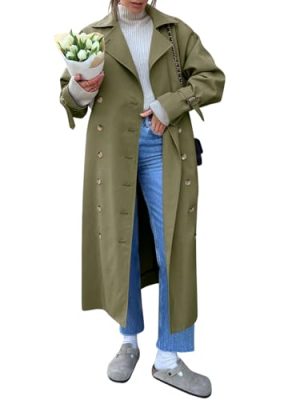 Womens Long Trench Coat Oversized Double Breasted Windproof Classic Lapel Casual Fall Overcoat