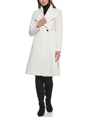 Women's Ring Snap Detail Asymmetrical Closure Stand Collar Welt Pockets Coat