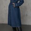 Women Vintage Double Breasted Mid Long Denim Jacket Jean Trench Coat Duster Blazer Jacket Windbreaker Belt