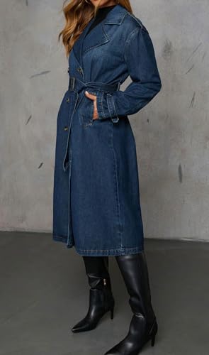 Women Vintage Double Breasted Mid Long Denim Jacket Jean Trench Coat Duster Blazer Jacket Windbreaker Belt