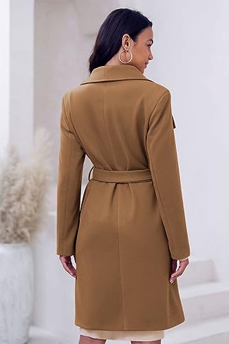 Women's Pea Trench Coat Lapel Collar Long Jacket Open Front Belted Overcoat with Pockets