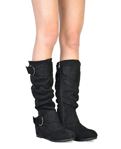 Women's Wide Calf Knee High Boots, Fur-lined Low Hidden Wedge Boots