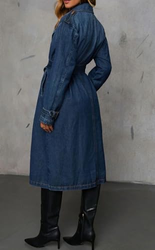 Women Vintage Double Breasted Mid Long Denim Jacket Jean Trench Coat Duster Blazer Jacket Windbreaker Belt