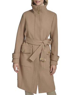 Women's Stand Belted Wool Trench Coat with Soft Ribbed-Knit Collar Detail