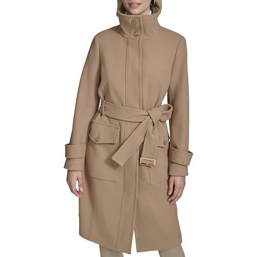 31u5P1UFi5L.jpg Women's Stand Belted Wool Trench Coat with Soft Ribbed-Knit Collar Detail