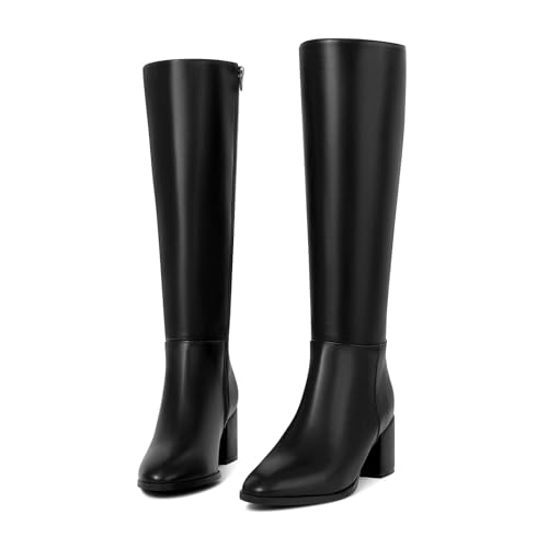 Knee High Boots Women Chunky Heel Round Toe Side Zipper Tall Boots for Women Comfortable Long Boots