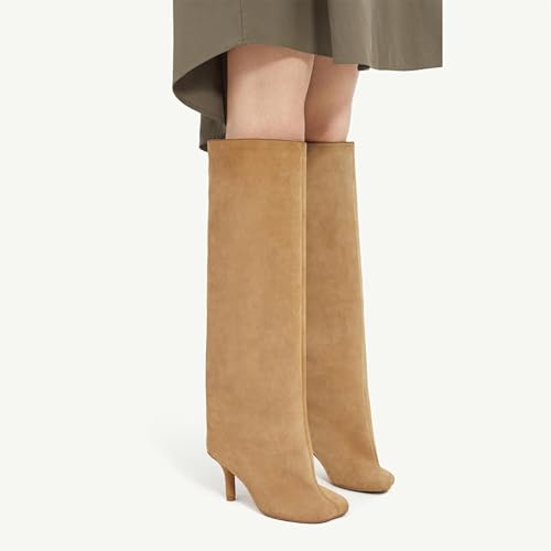 31vCVjPEdBL.jpg Women's Knee High Boots Nude Suede Wide Calf Stiletto Long Boots Pull On High Heel Riding Boots Fahion Dress Fall Tall Boots