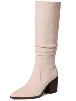 Knee High Boots Women Suede Boots Pointy Toe Chunky Block Heels Side Zipper Wide Calf Boots Fashion Dress Tall Boots Fall Winter