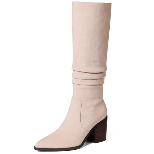 31vGvCMukkL.jpg Knee High Boots Women Suede Boots Pointy Toe Chunky Block Heels Side Zipper Wide Calf Boots Fashion Dress Tall Boots Fall Winter