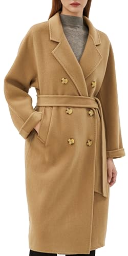 100 Wool Double-faced Women Wool Blend Coat Double-breasted Casual Cashmere Coat Belted Trench Jacket with Pockets
