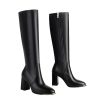 Women's Knee High Boots Pointed Toe Chunky Heel Long Boots With Side Zipper