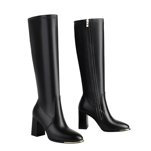 Women's Knee High Boots Pointed Toe Chunky Heel Long Boots With Side Zipper