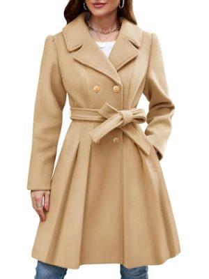Women’s Wool Blend Trench Coat Slim Double Breasted Notch Lapel Pea Coat Thick A Line Jacket with Pockets(S-XXL)