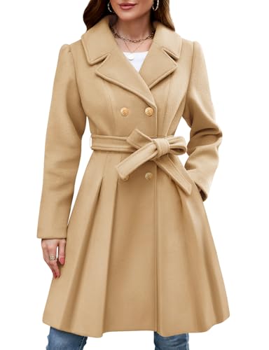 Women’s Wool Blend Trench Coat Slim Double Breasted Notch Lapel Pea Coat Thick A Line Jacket with Pockets(S-XXL)
