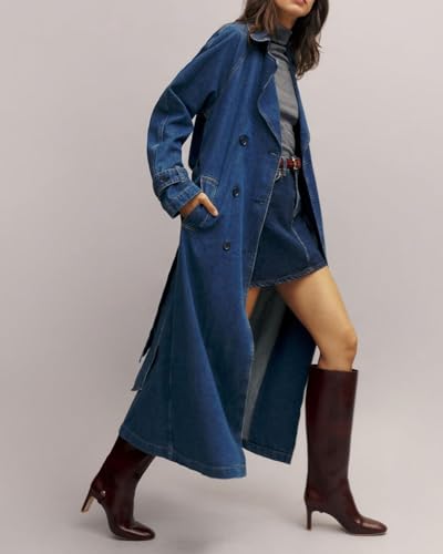 31xXbljxxZL.jpg Women's Denim Trench Coat Double Breasted Jean Midi Overcoat Classic Lapel Long Jackets With Belt