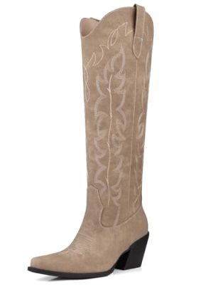 Knee High Cowgirl Boots Women Wide Calf Rhinestones Cowboy Boots Lady Pointed Toe Chunky Heel Embroidered Sparkly Boot With Side