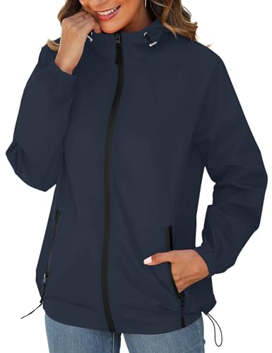 Rain Jacket for Women Waterproof Lightweight Windbreaker Jacket with Hood Packable Raincoat with Pockets S-3XL