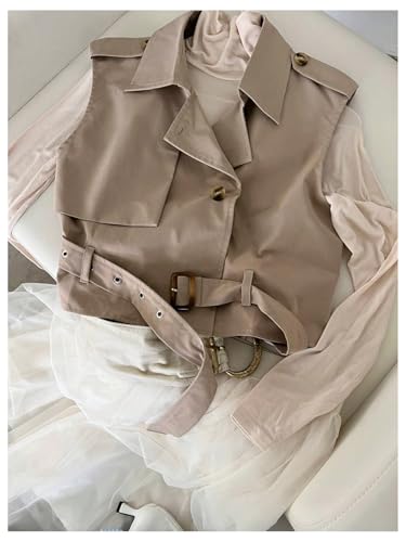 4108D8cm4iL.jpg Women's Sleeveless Cropped Trench Coat with Belted Lapel Collar Vest Coat