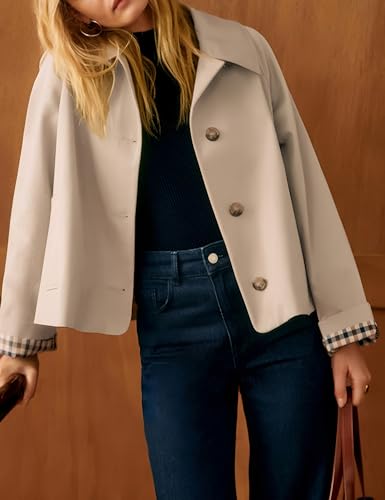 410uDxaVyfL.jpg Womens Cropped Trench Coat Classic Collar Oversized Casual Jackets with Checkered Lining