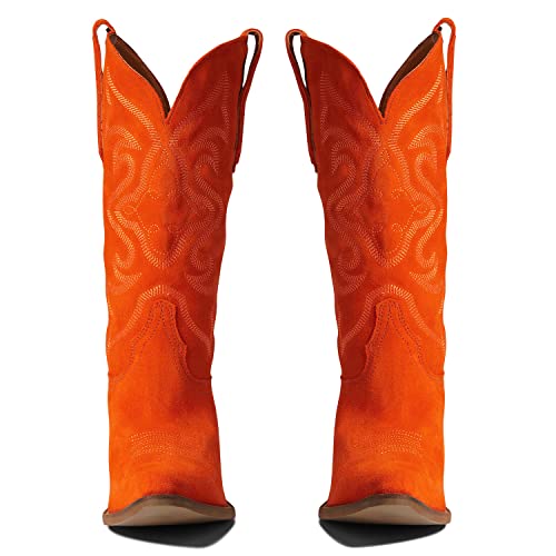 410v-RY9c-L.jpg Cowboy Boots Women Embroidered Mid Calf Western Boots Stacked Low Heel Pointed Toe Pull On Cowgirl Boot 4-11 M US