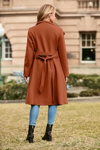 Womens Winter Coat 2024 Fall Casual Notch Lapel Single Breasted Belted Midi Peacoat with Pockets
