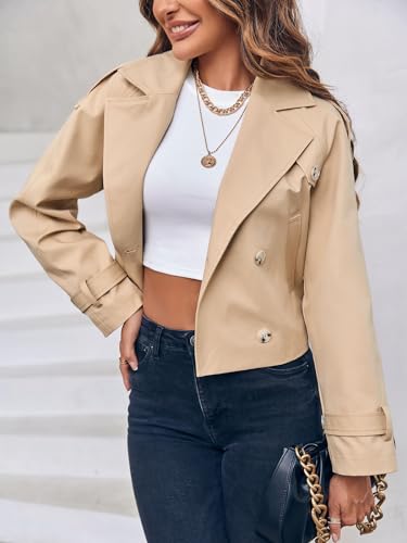 Womens Lapel Trench Coat Double Breasted Cropped Jacket Casual Outwear with Belt